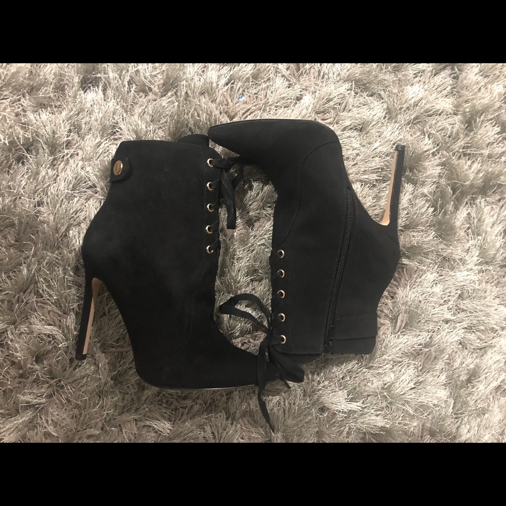 SHOEDAZZLE- Ellie Lace up black high heel booties